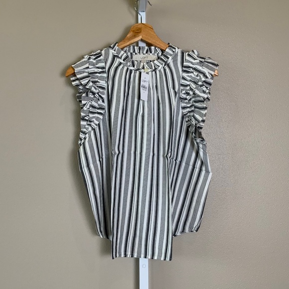 LOFT Striped Ruffle Split Neck Shell - Picture 4 of 16